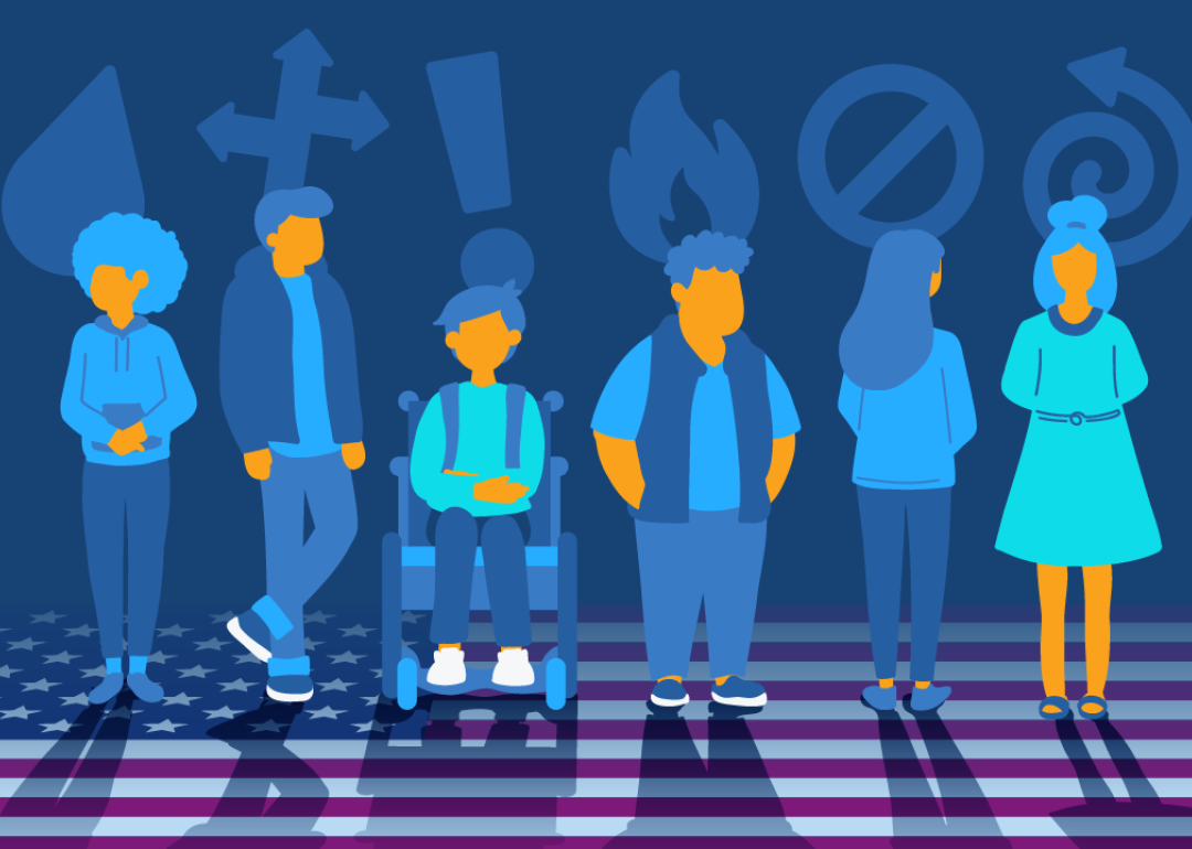 An digital illustration of six people in a row, each with a different symbol above their heads, standing on a floor with an American flag print.