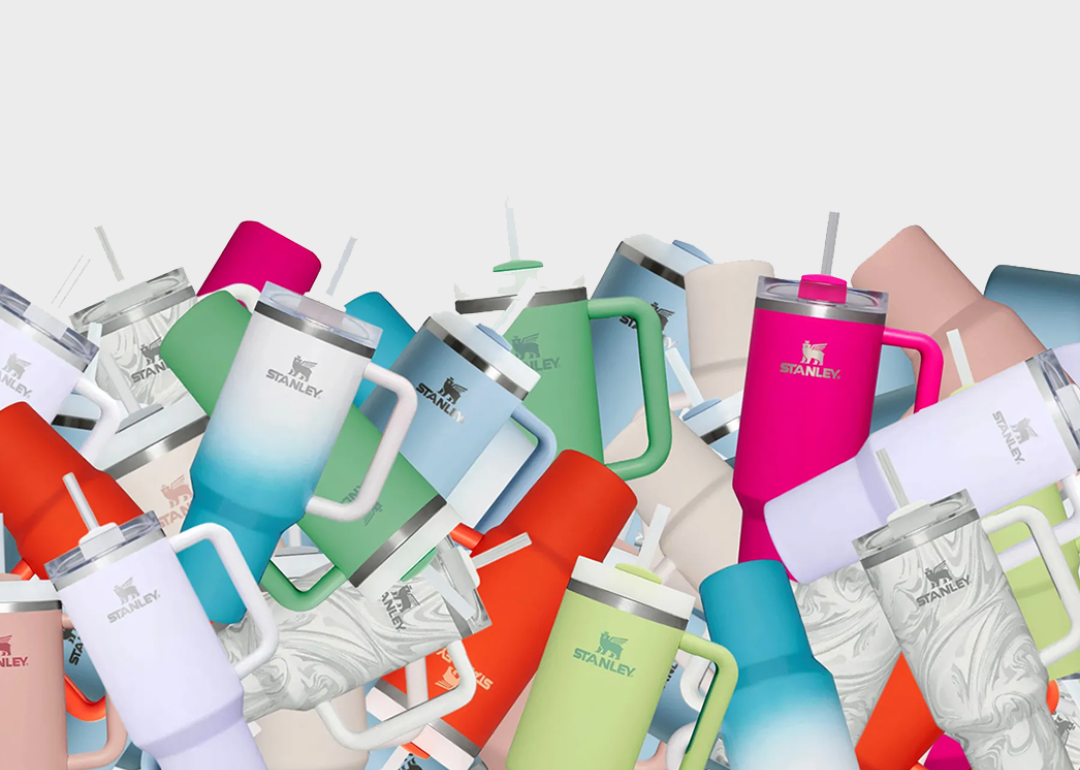 photo illustration depicting piles of Stanley tumblers in different colors