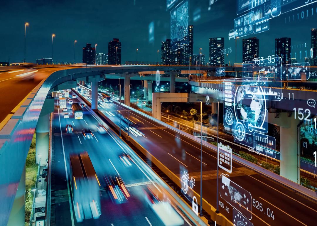 futuristic numbers over freeway, illustrating gathering data from cars on road concept