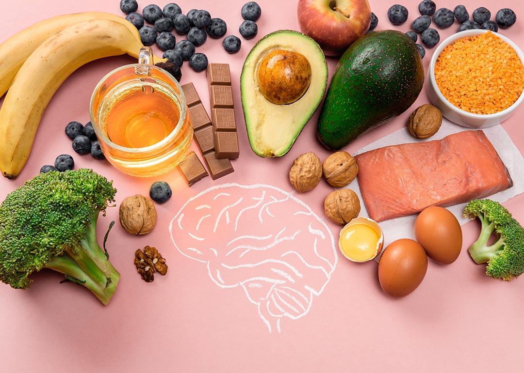 brain illustration with magnesium and potassium foods pictured, like bananas, avocados, and chocolate