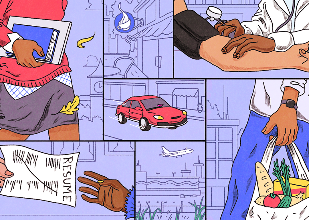 illustration showing people running errands, going to doctor appointments, going to work