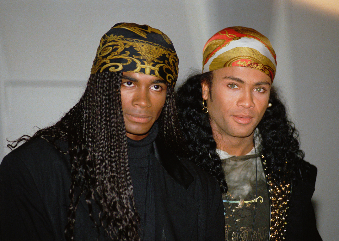 German pop band Milli Vanilli, composed of French singer, songwriter, dancer and model Fab Morvan and German-American model, dancer and singer Rob Pilatus, at a press conference announcing they will return their Grammy Awards after confessing to lip-synching their songs.