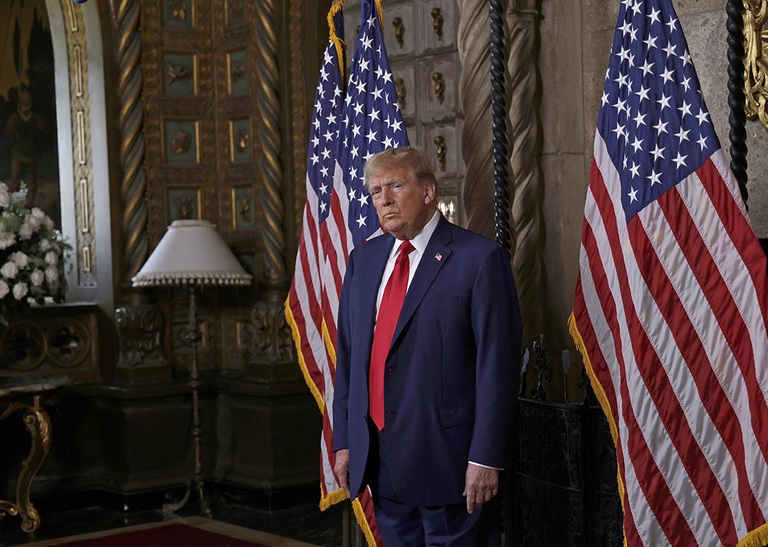 former President Donald Trump speaks in the library at Mar-a-Lago