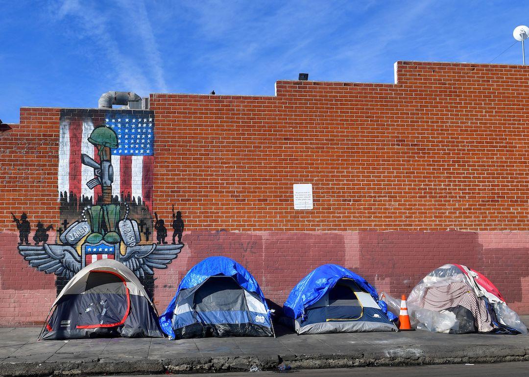 Tents for the homeless line a sidewalk in Los Angeles, California.