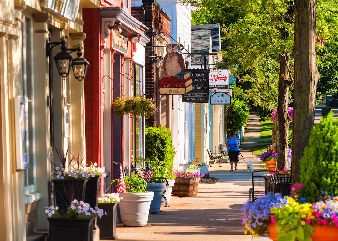 Quaint shops and businesses on Main Street in Hudson, Ohio.