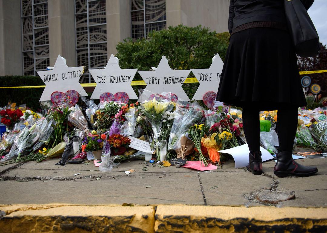 Mourners visit the memorial outside the Tree of Life Synagogue on Oct. 31, 2018 in Pittsburgh, Pennsylvania.