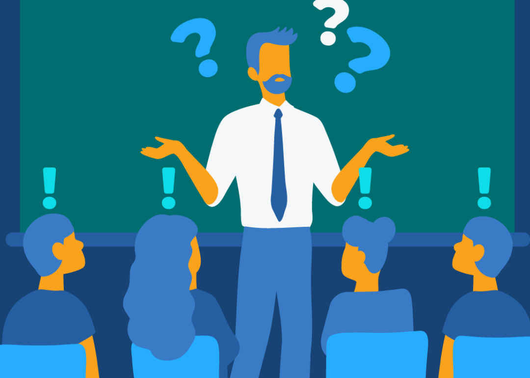 An illustration of a person with question marks floating around his head while four people with exclamation marks above their heads sit in front of him.