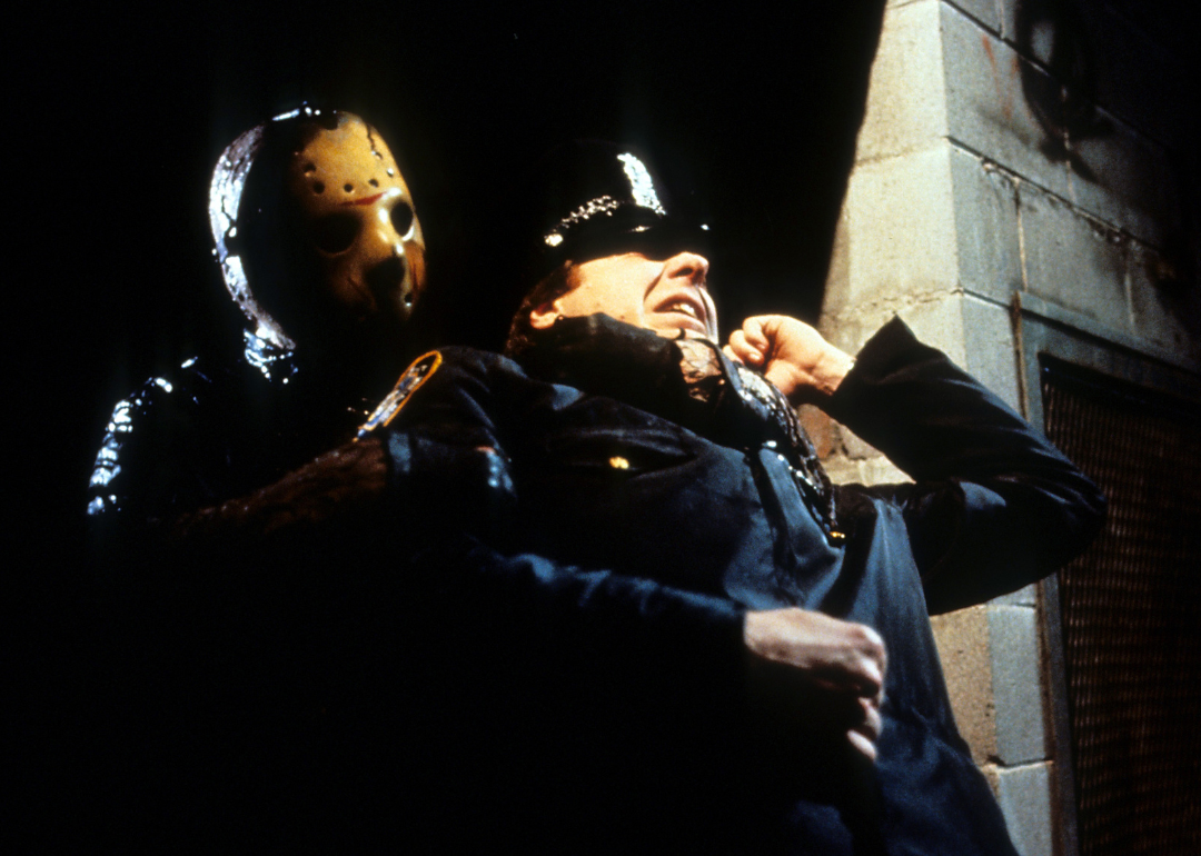 Jason grabs cop in a scene from the film 'Friday The 13th Part VIII: Jason Takes Manhattan', 1989. 