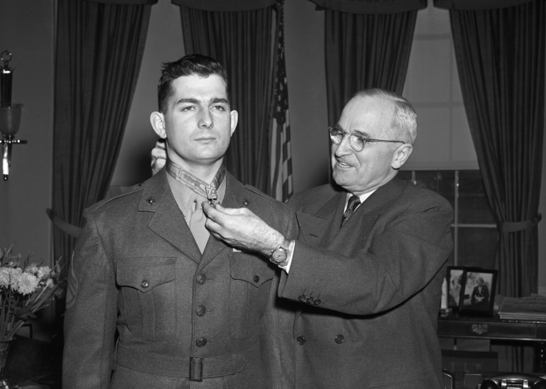 President Truman presents the Medal of Honor to Marine Sgt. Archie Van Winkle of Everett, Washington.