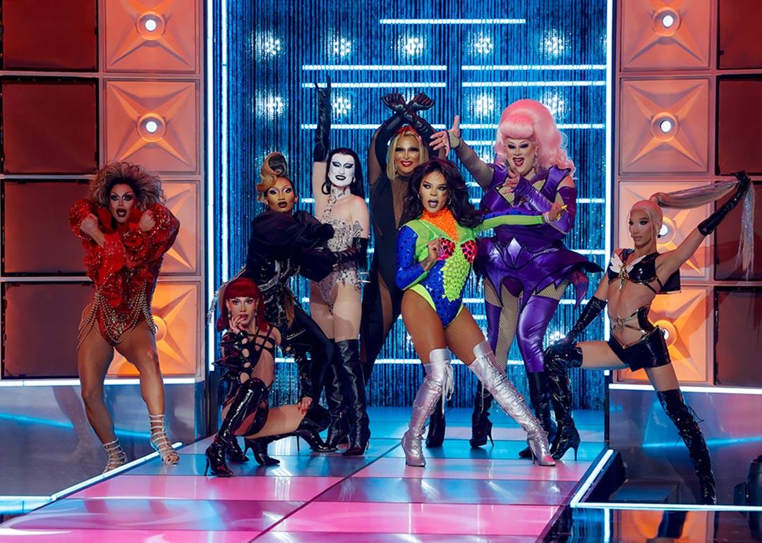 From left, Shannel, Jorgeous, Angeria Paris VanMicheals, Gottmik, Roxxxy Andrews, Vanessa Vanjie, Nina West and Plastique Tiara pose in RuPaul’s Drag Race All Stars, episode 1, season 9.