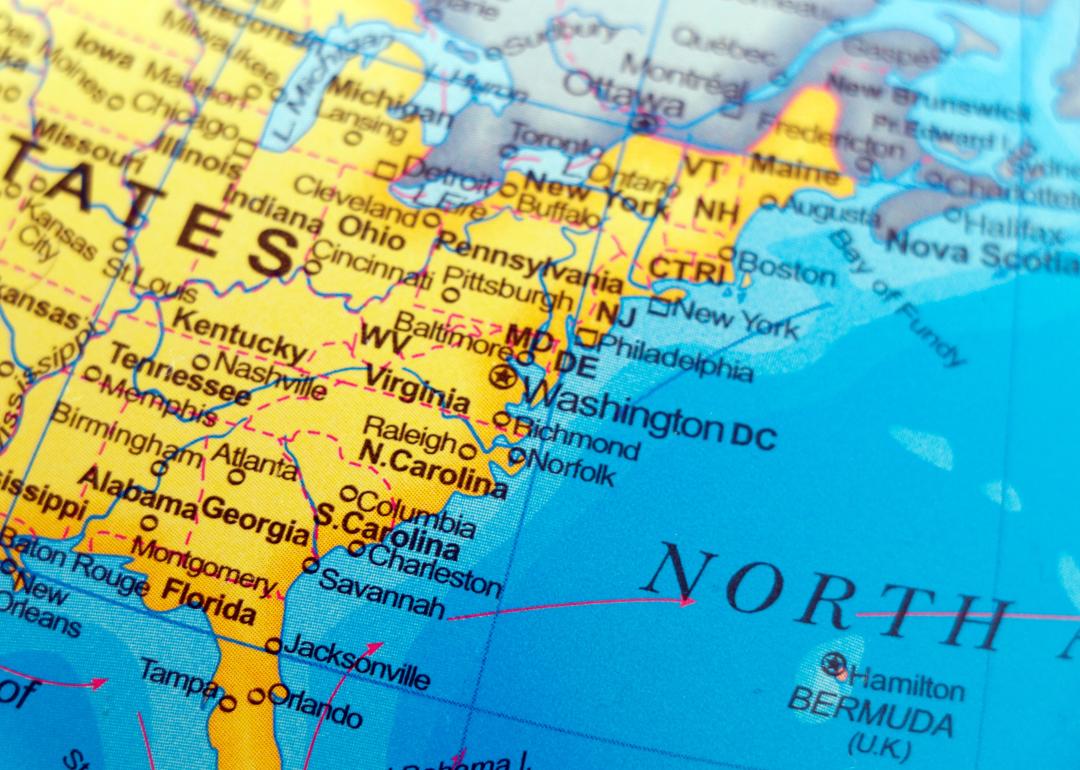 Map of Eastern seaboard of U.S. including Florida, Maryland and New York.