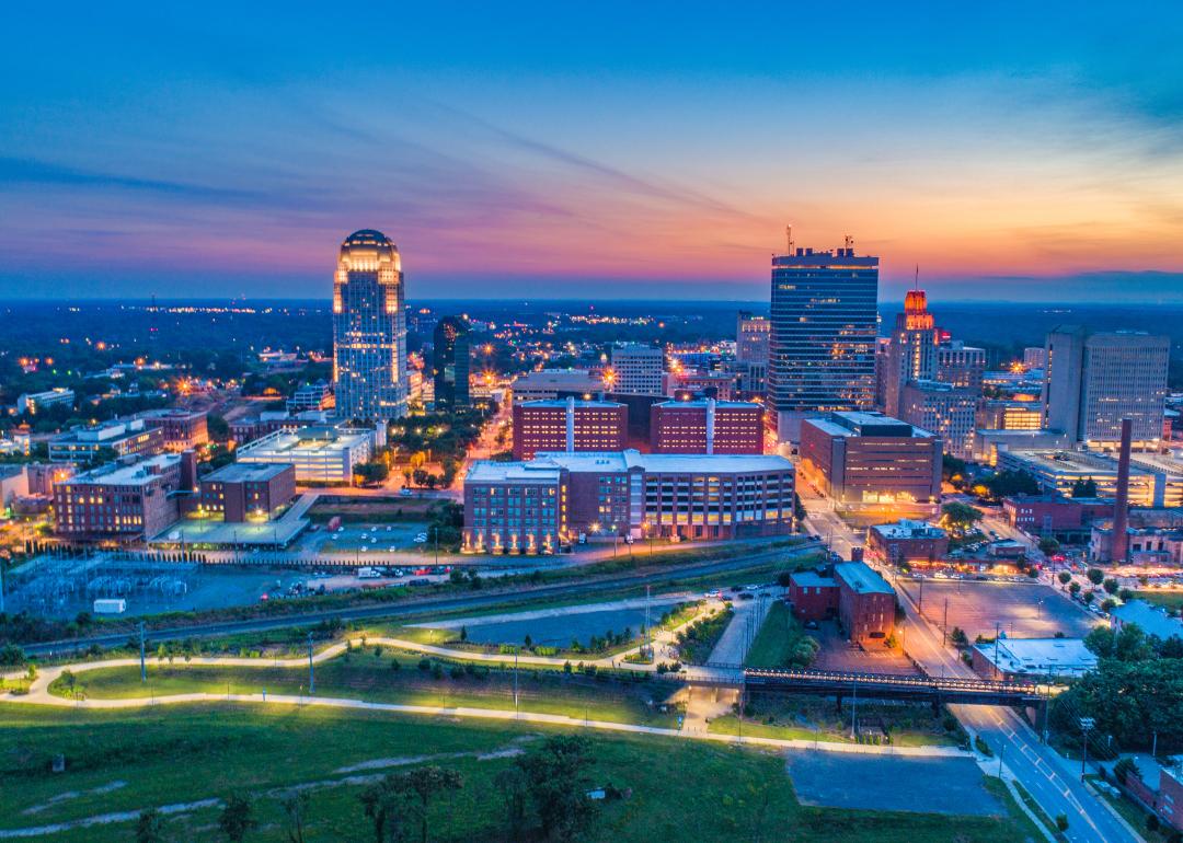 View of Winston-Salem North Carolina skyline at dusk. 