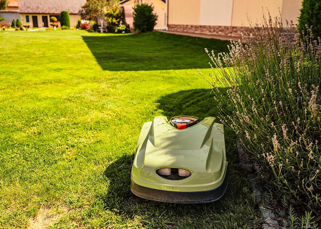 Green robotic electronic grass mows a lawn next to bushes.