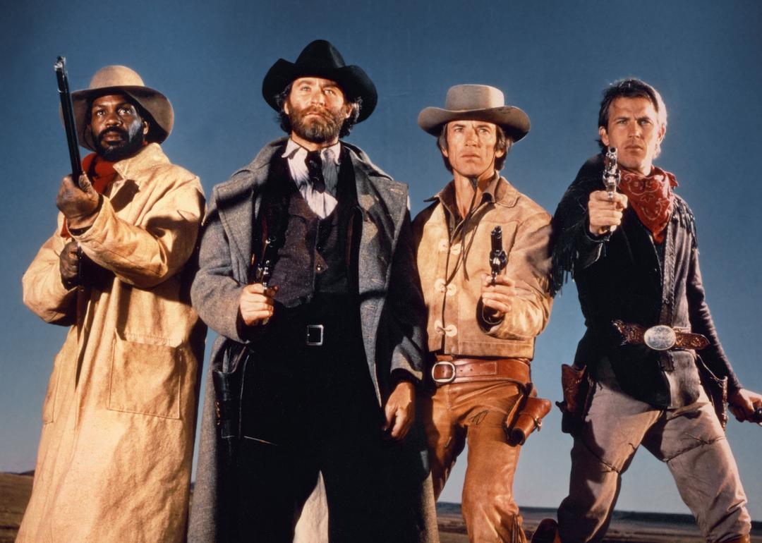 Actors Danny Glover, Kevin Kline, Scott Glenn, and Kevin Costner on the set of 'Silverado.'