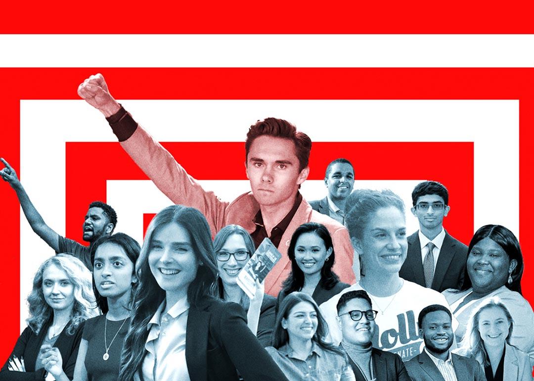 Illustration with David Hogg and politicians he has raised money to elect to state and national office.