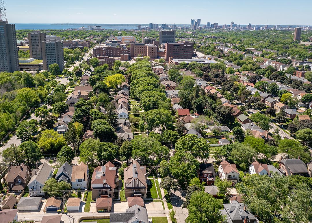 Aerial view of Milwaukee east side looking towards the University Wisconsin, Milwaukee.