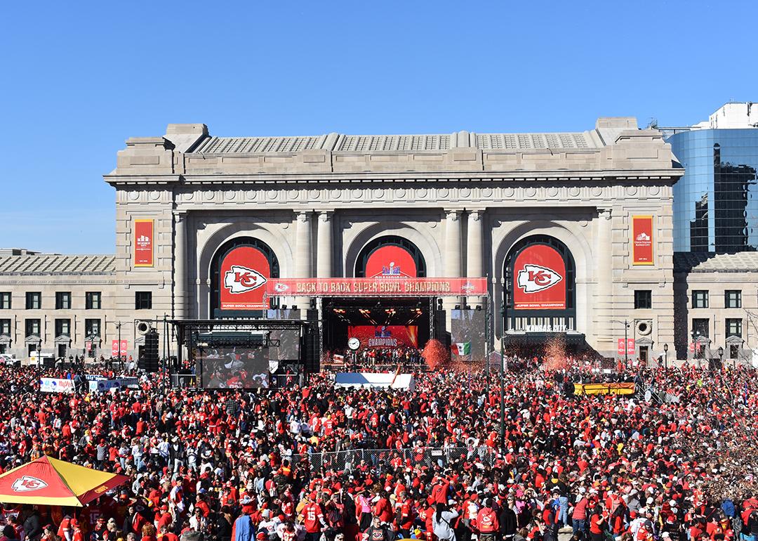 A crowd of millions celebrate the 2024 NFL Superbowl Champions, the Kansas City Chiefs, in front of Union Station.