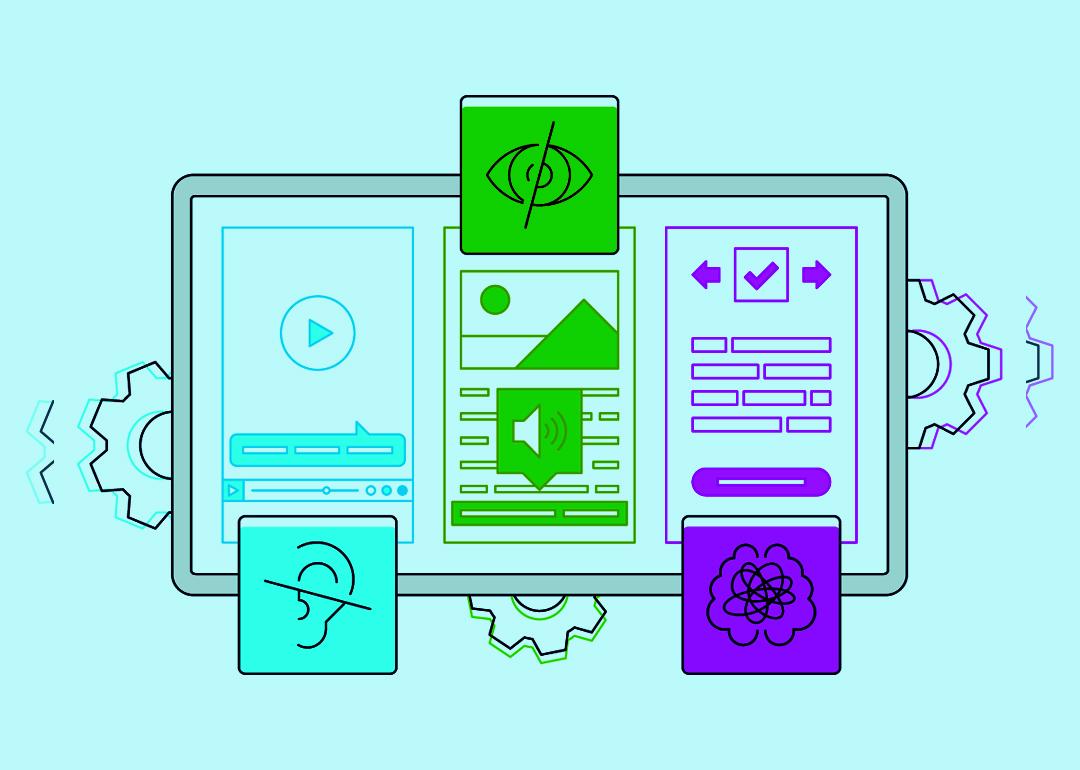 A colorful vector illustration of digital concepts that improves accessibility for visual, auditory, motor or cognitive-impaired users.