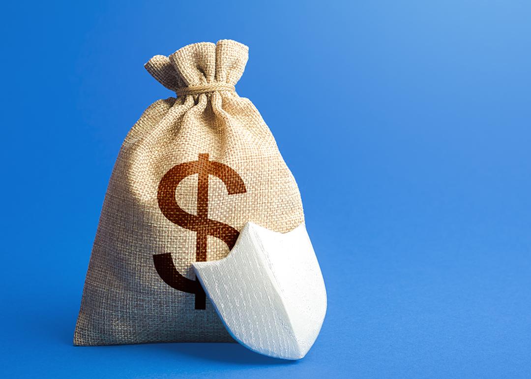 A dollar money bag and protection shield as a concept of insurance and savings.