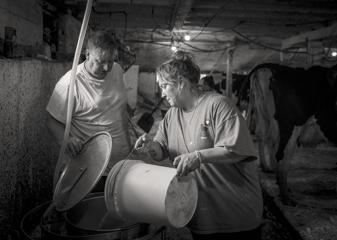Tom Hill and neighbor Angel Putvain pour fresh milk into a collection vat during the Friday evening milking session.
