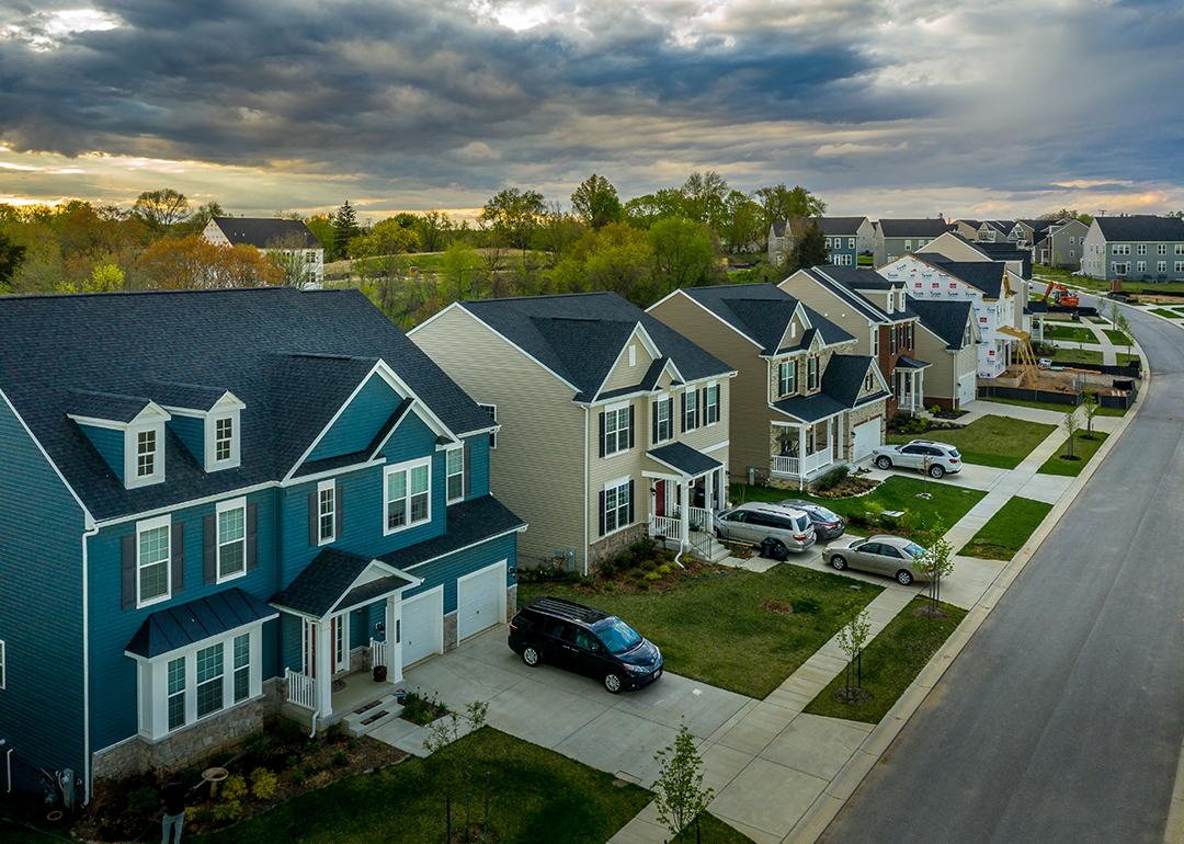 A row of single family houses in a Maryland neighborhood.