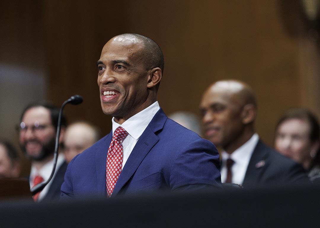 Eric Scott Turner, President Donald Trump's nominee for HUD director, testifies during a Senate Banking, Housing, and Urban Affairs hearing in January. 
