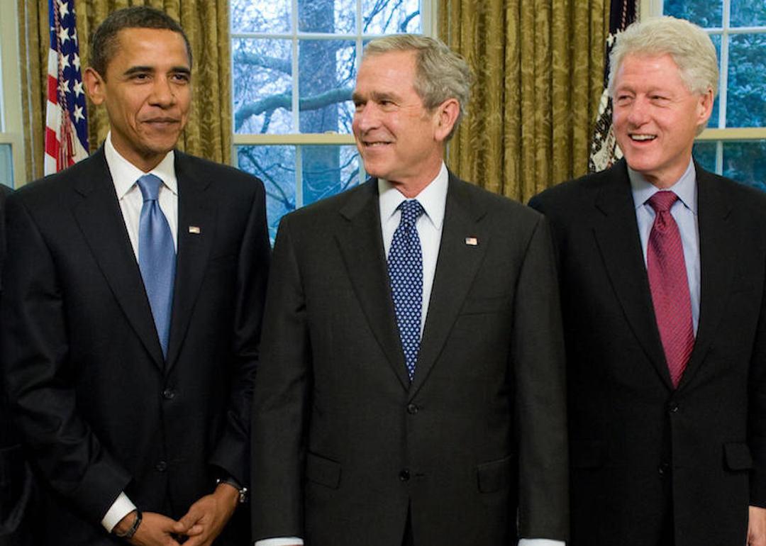 Former Presidents Barack Obama, George W. Bush, and Bill Clinton in the Oval Office of the White House in Washington, D.C., on Jan. 7, 2009.