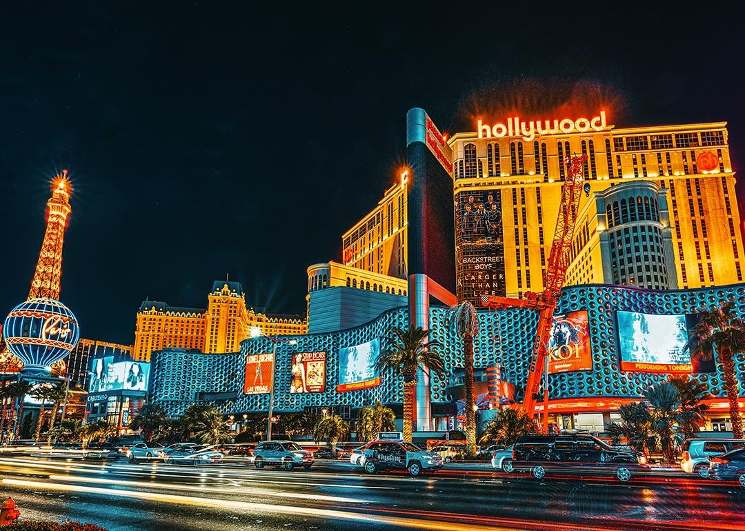 Planet Hollywood Casino at night as seen from the Las Vegas strip.