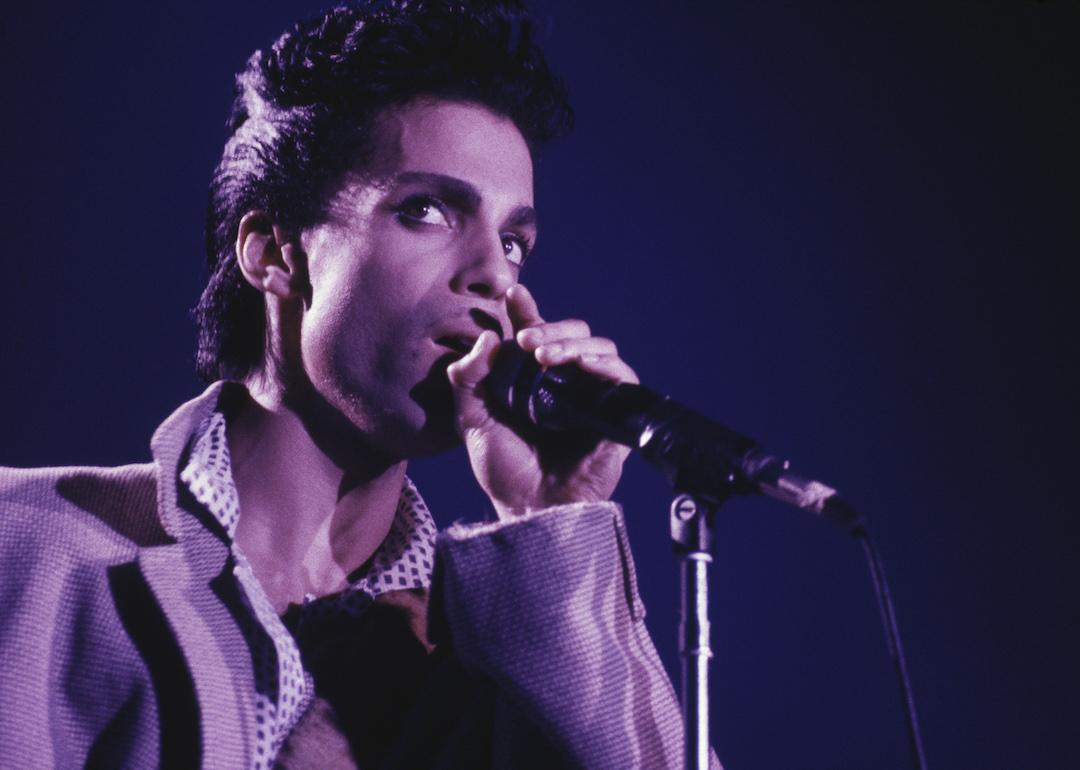 Prince performs on stage at Wembley Arena in London in August 1986.