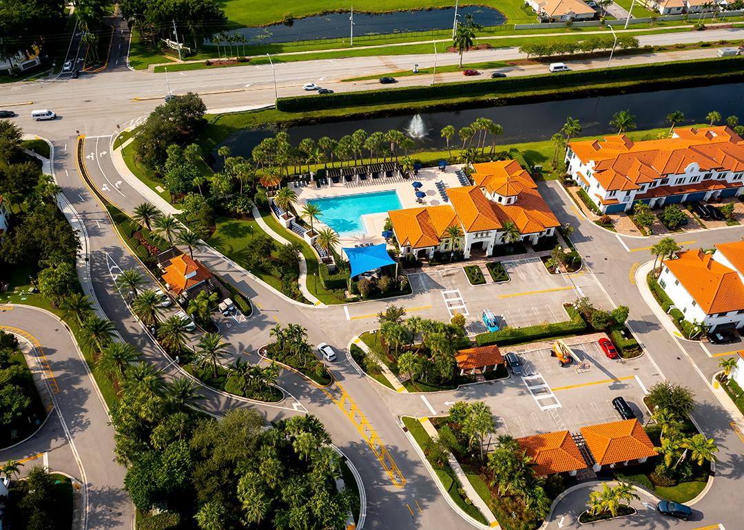 Aerial view of a suburban modern luxury neighborhood in Pembroke Pines, Miami.