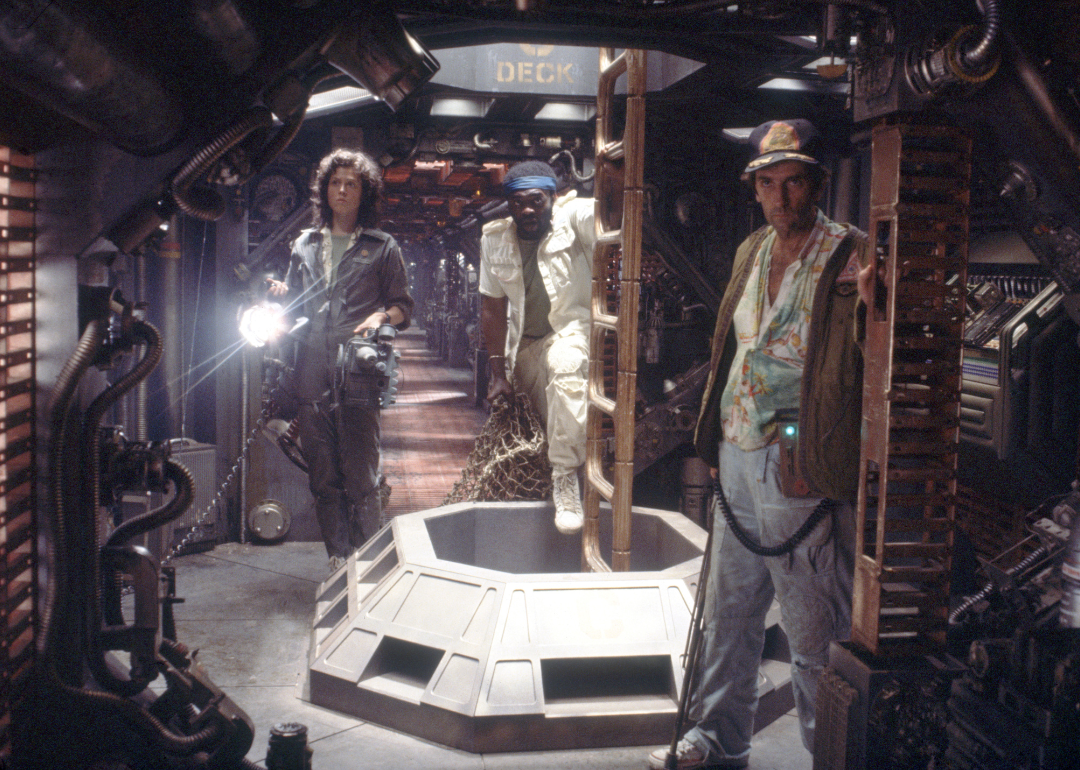 American actors Sigourney Weaver, Yaphet Kotto and Harry Dean Stanton on the set of Alien, directed by Ridley Scott.