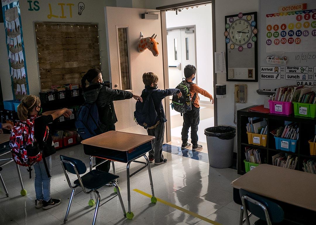 A Connecticut kindergarden class social distances in October 2020.