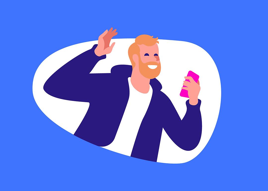 Character illustration of a man happily using a phone for rideshare services.