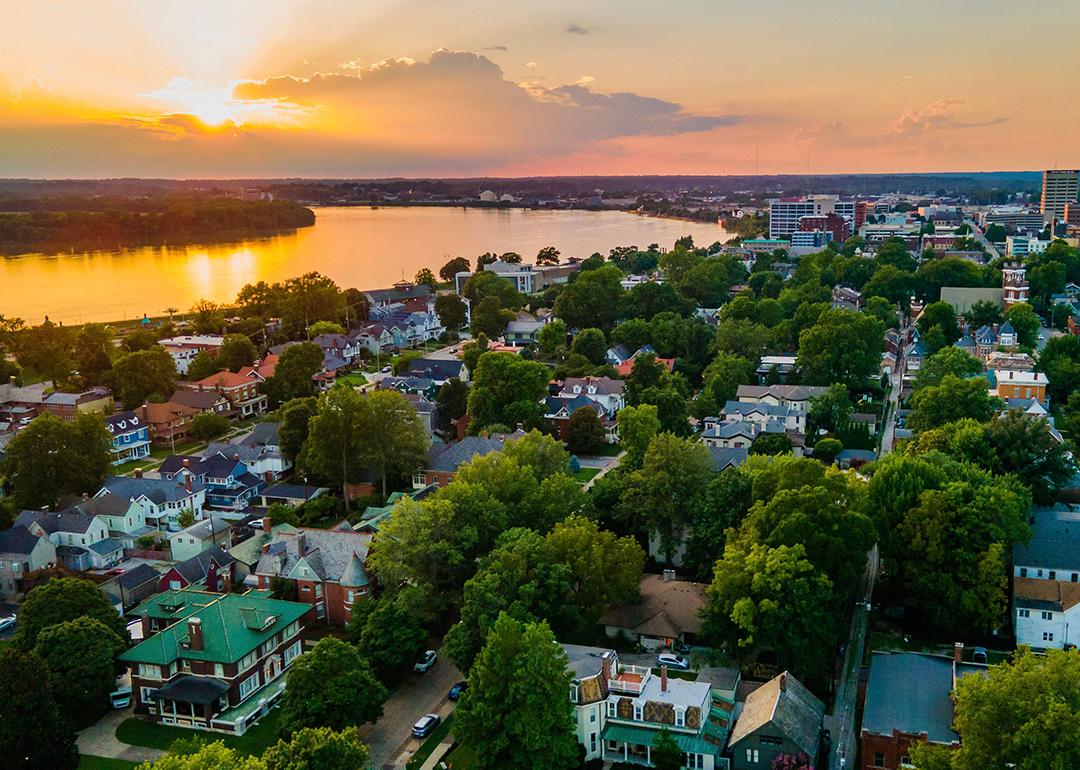 A view of downtown Evansville during sunset on the Ohio River.