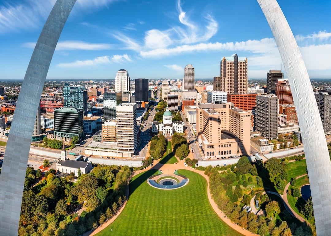 Aerial panorama of St. Louis, Missouri skyline on a sunny day.