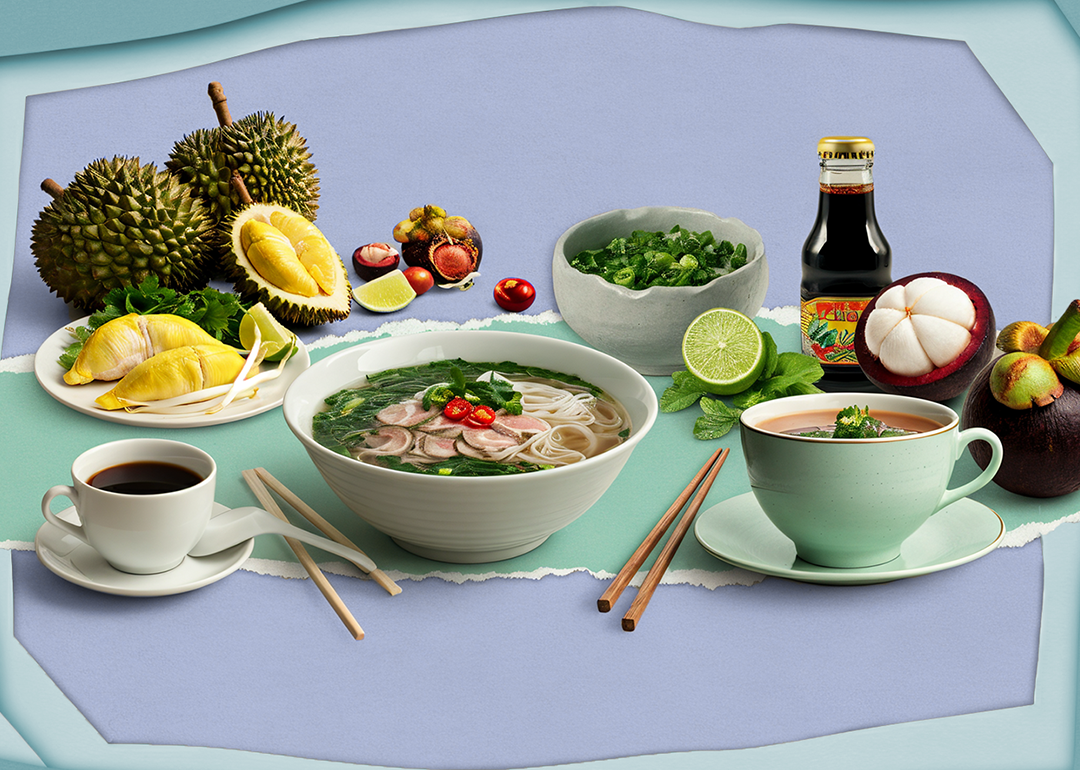 A graphic showing some of the most popular Vietnamese dishes, fruits and drinks such as Vietnamese coffee, pho, durian, mangosteen and lime.