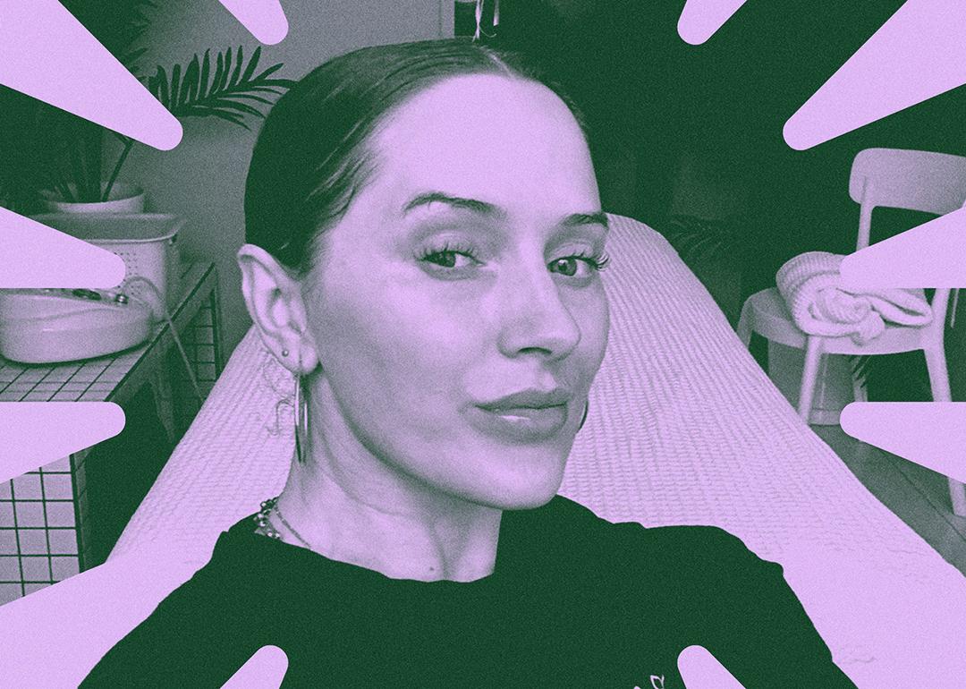 Colorful graphic of Sofie Pavitt in her skincare studio.