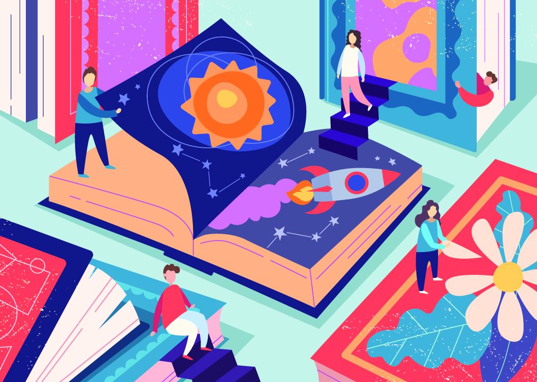 Illustration showing figures of young people being on top of textbook pages.