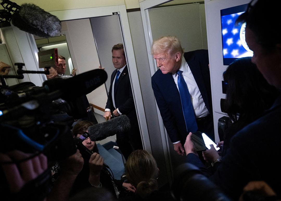 US President Donald Trump speaks to reporters aboard Air Force One while flying to Washington, D.C., from Florida, on March 16, 2025, above Virginia.