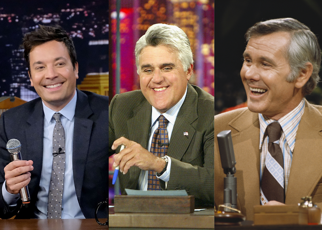 Collage of 'The Tonight Show' over the years—Jimmy Fallon (left), Jay Leno (center), Johnny Carson (right)
