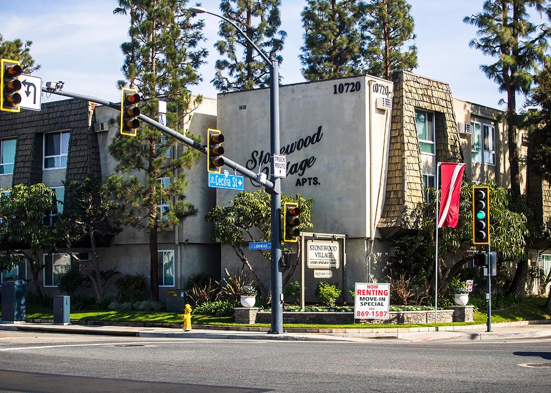 A view from the street of a residential urban housing area in Los Angeles, California.