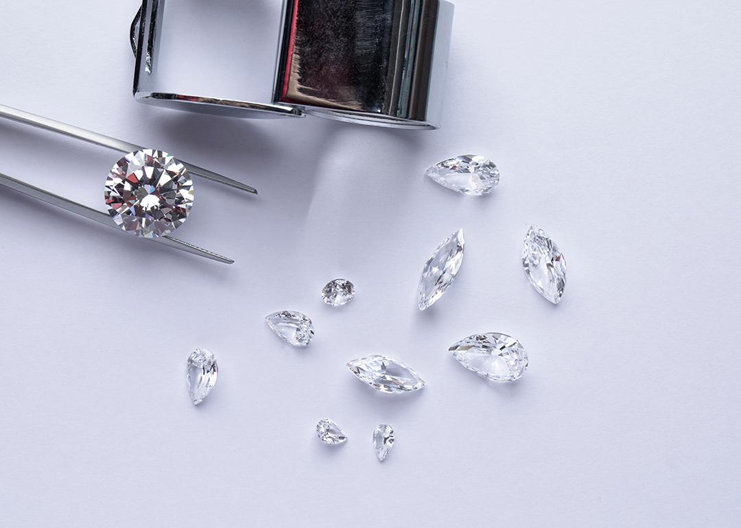 Different cuts of polished diamonds.