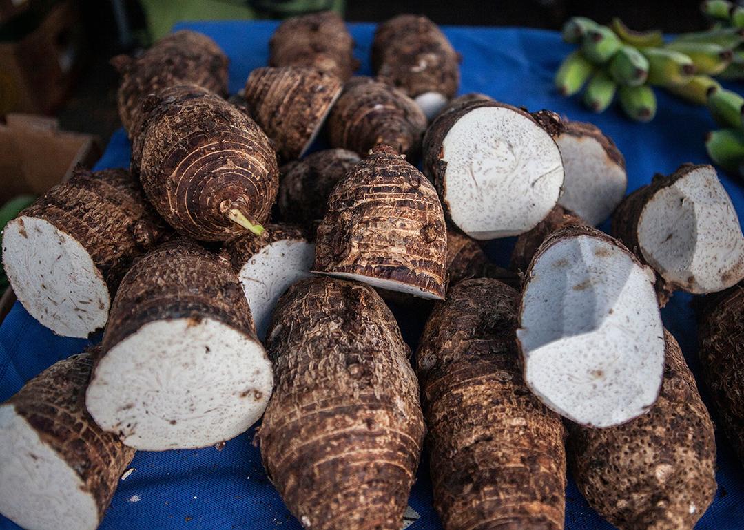 Taro root for sale in a Hawaiian farmers market in Oahu.