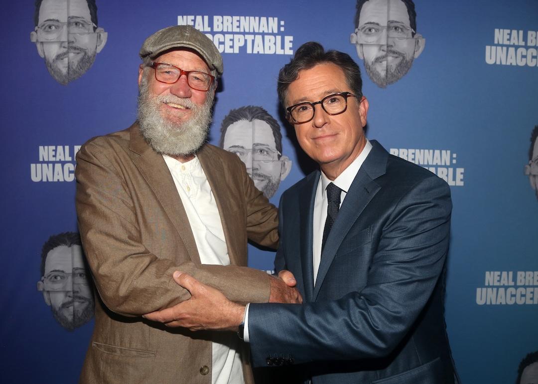 David Letterman and Stephen Colbert at the opening night arrivals for "Neal Brennan's Unacceptable" in 2021.