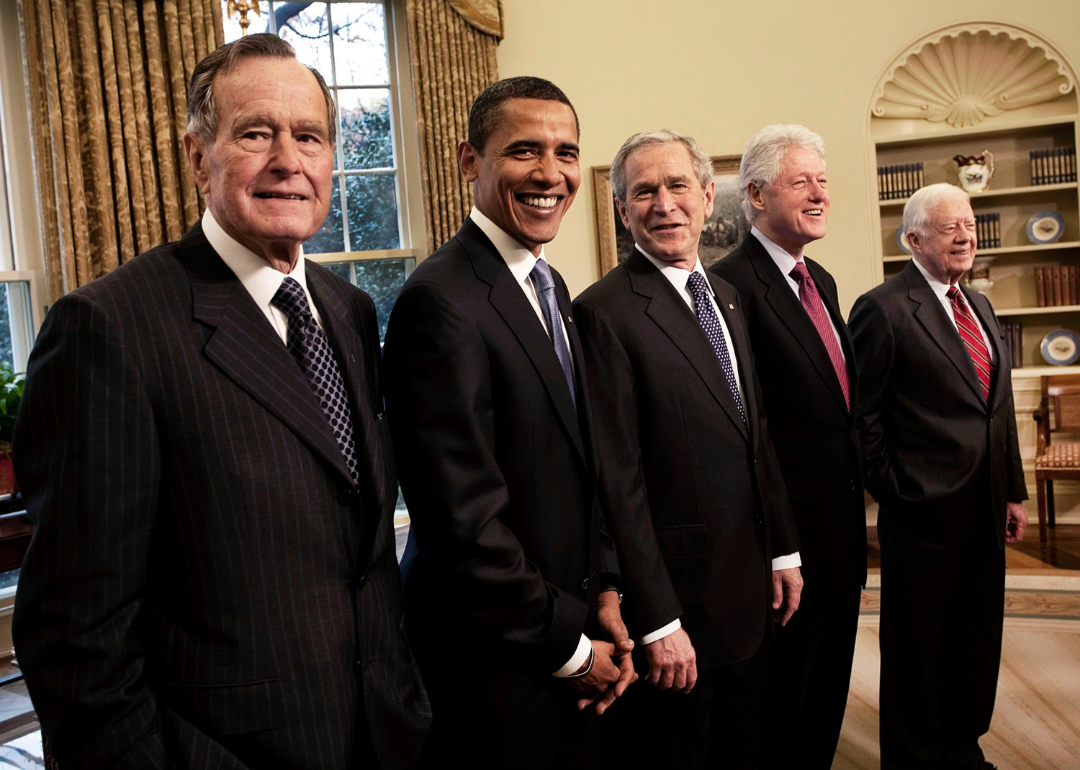 Former Presidents George HW Bush, Barack Obama, George W Bush, Bill Clinton and Jimmy Carter in the Oval Office, 2009