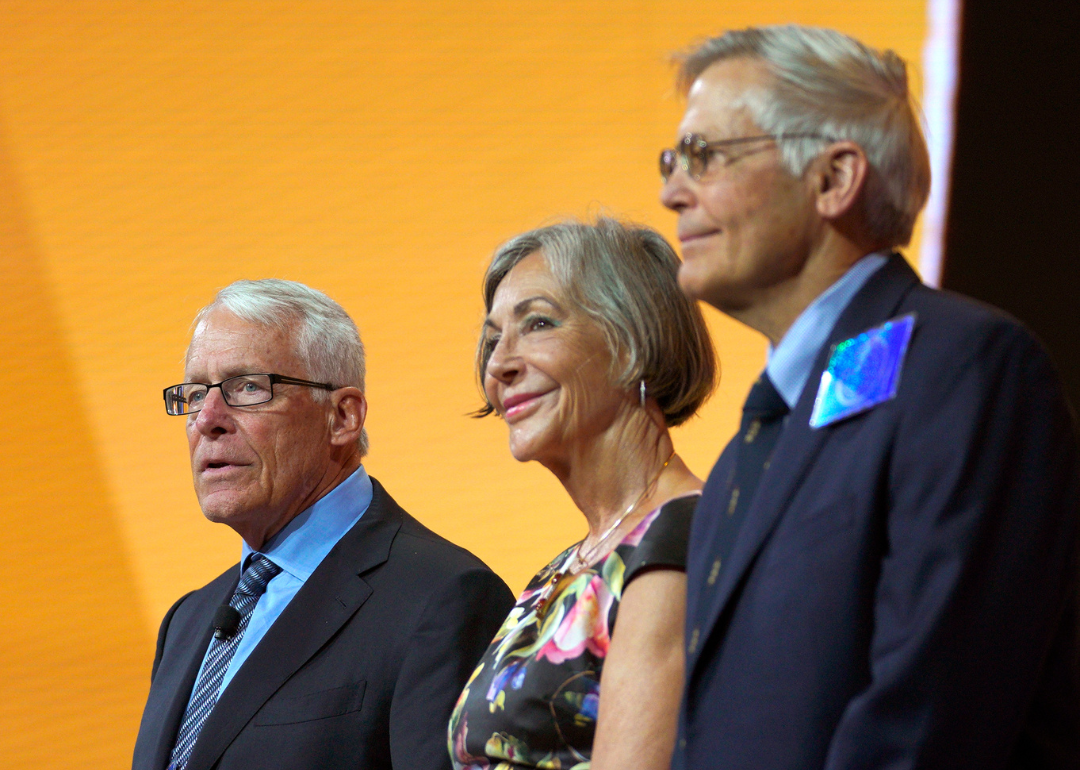 Members of the Walton family (L-R) Rob, Alice and Jim speak during the annual Walmart shareholders meeting event on June 1, 2018 in Fayetteville, Arkansas.