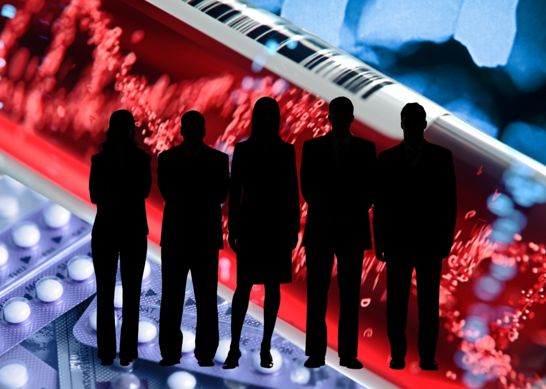 An illustration showing five silhouetted figures in front of medical imagery.