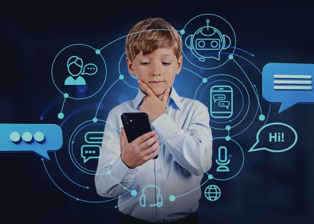 A young boy is holding a phone looking puzzled. The dark background shows icons of different apps.