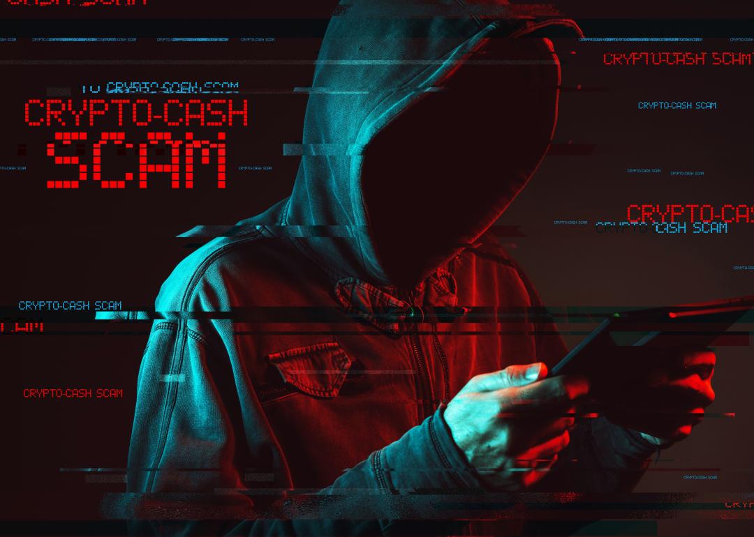A hooded figure with a hidden face, using a tablet or similar device. The background is dark and features red and blue lighting effect. There are digital glitch effects throughout the image.