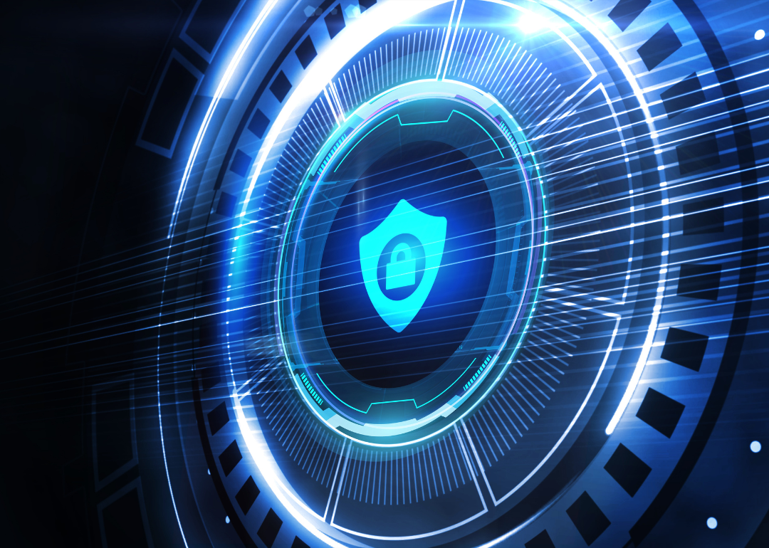A futuristic shield with a padlock on it.